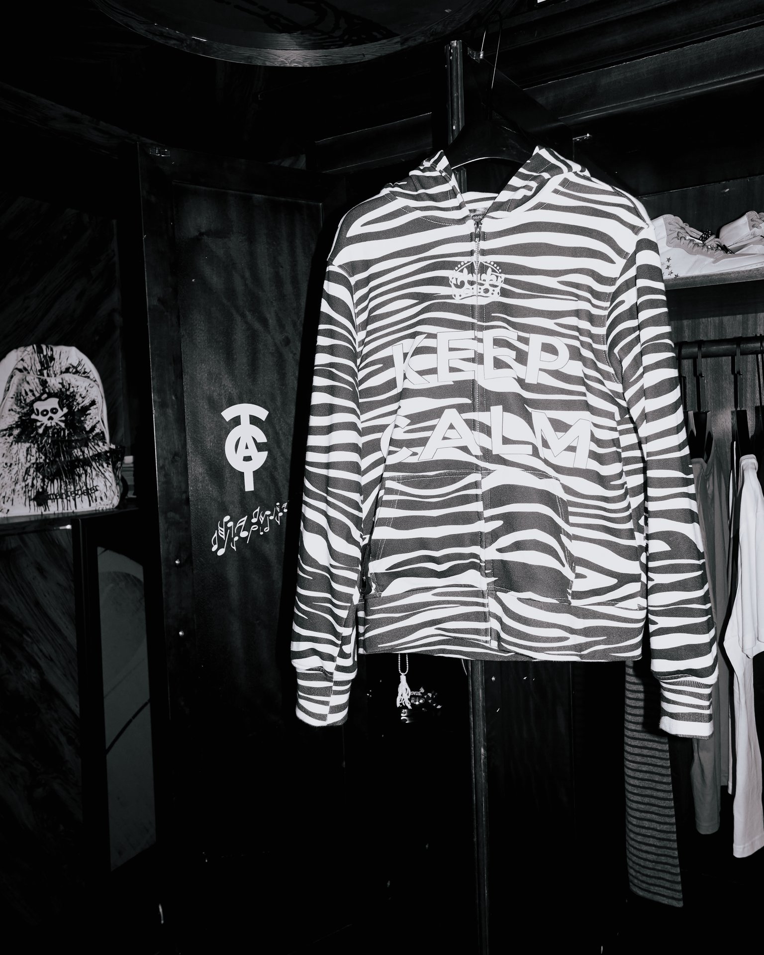 Zebra-striped Keep Calm jacket in the Human Register archive