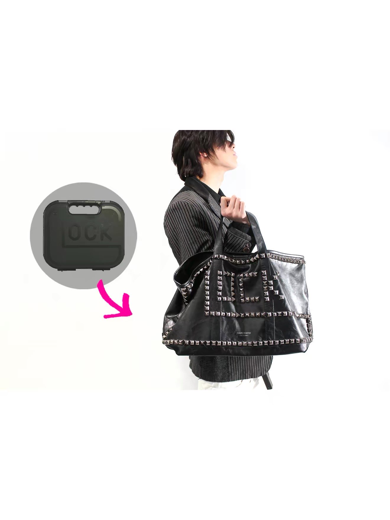 Human Register LOCK IN studded tote bag packaged like a Glock case