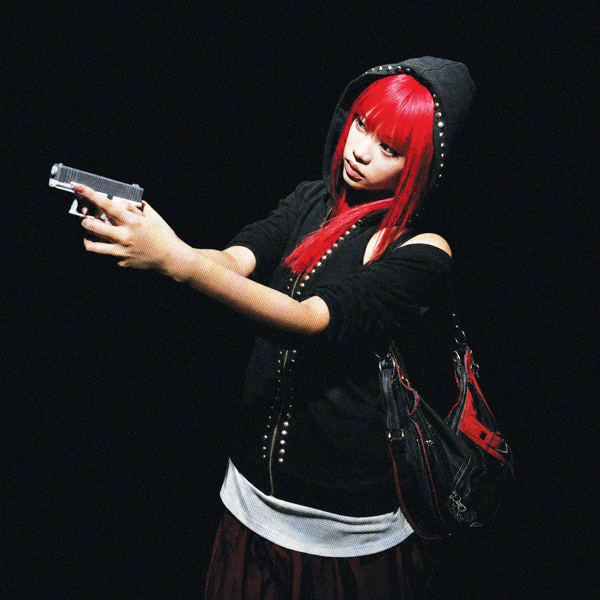 Neon with red hair holding a clear pistol
